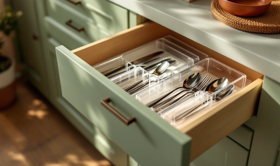 A clear acrylic divider tray holding cutlery in an open drawer