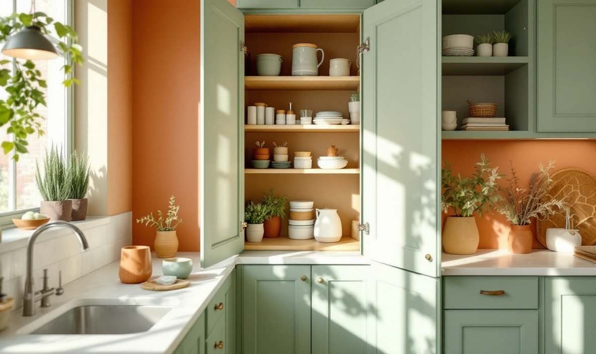 Pull-out swing shelves inside a blind corner cabinet
