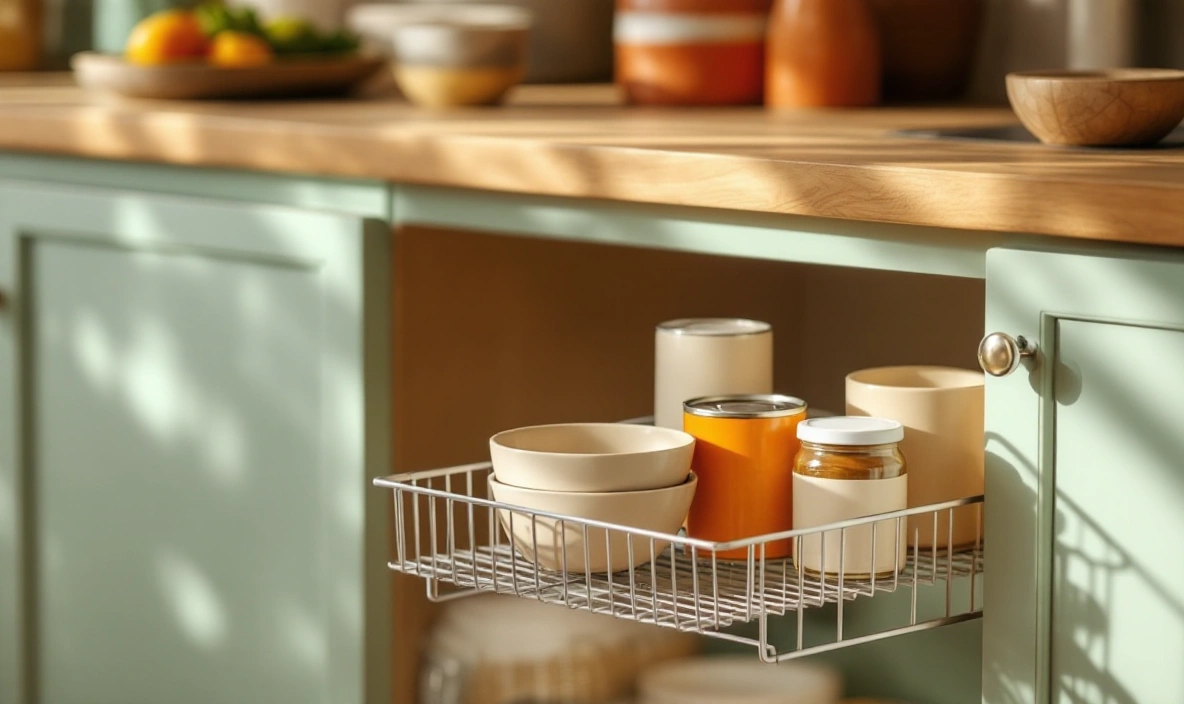 A pull-out wire shelf holding plain bowls and jars in a kitchen cabinet