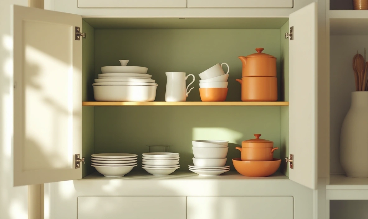 An open kitchen cabinet with two shelves of plain dishware