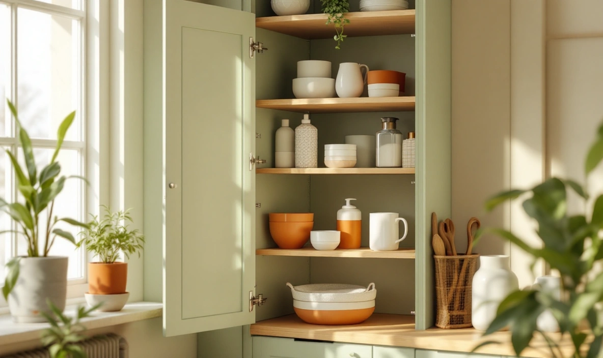 A rotating shelf inside a corner cabinet