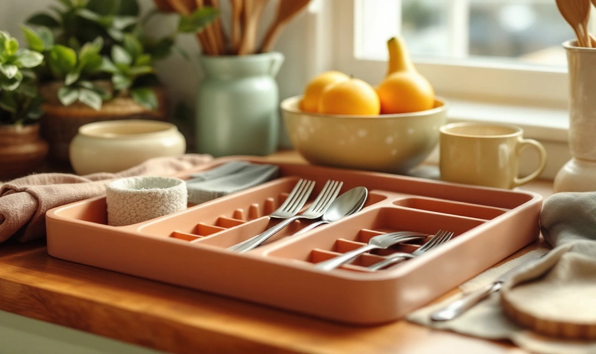 A cutlery tray with individual slots for forks and spoons