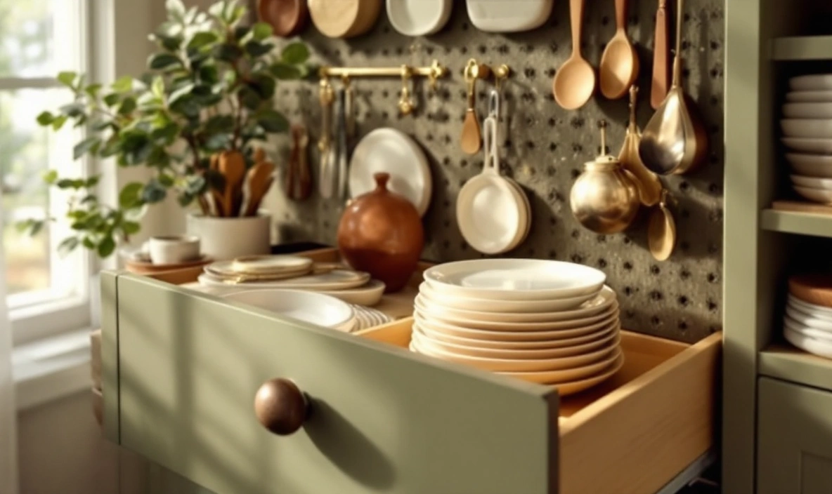 A pegboard organizer holding stacked plates in a deep drawer