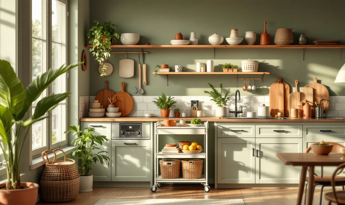 A small kitchen counter corner with a slim rolling cart