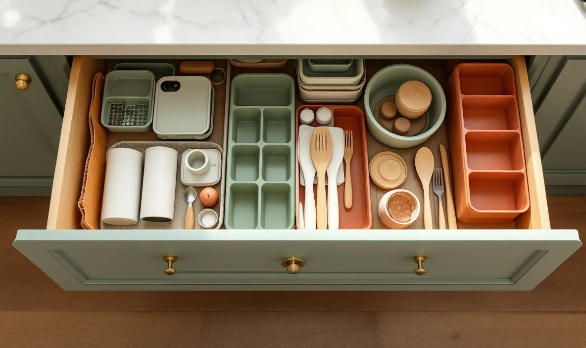 A wide-open kitchen drawer with several divided trays side by side