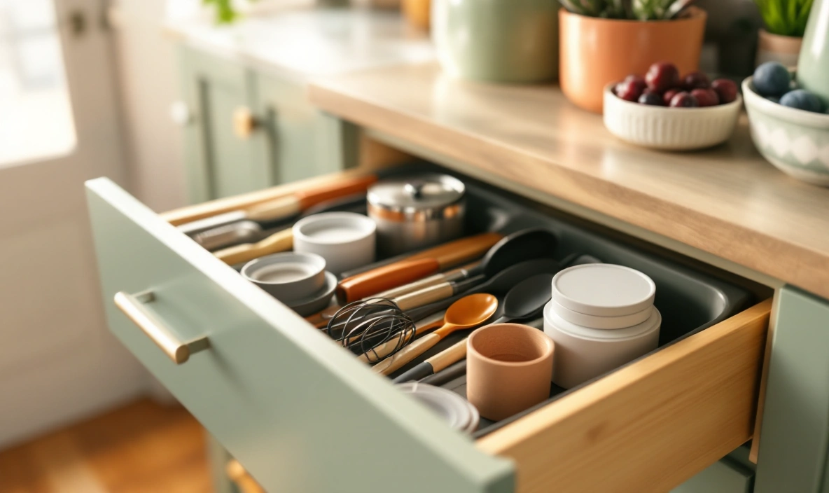 An open kitchen drawer with mixed utensils sorted into a tray