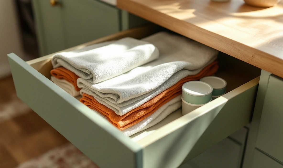 A drawer holding folded kitchen towels and small containers