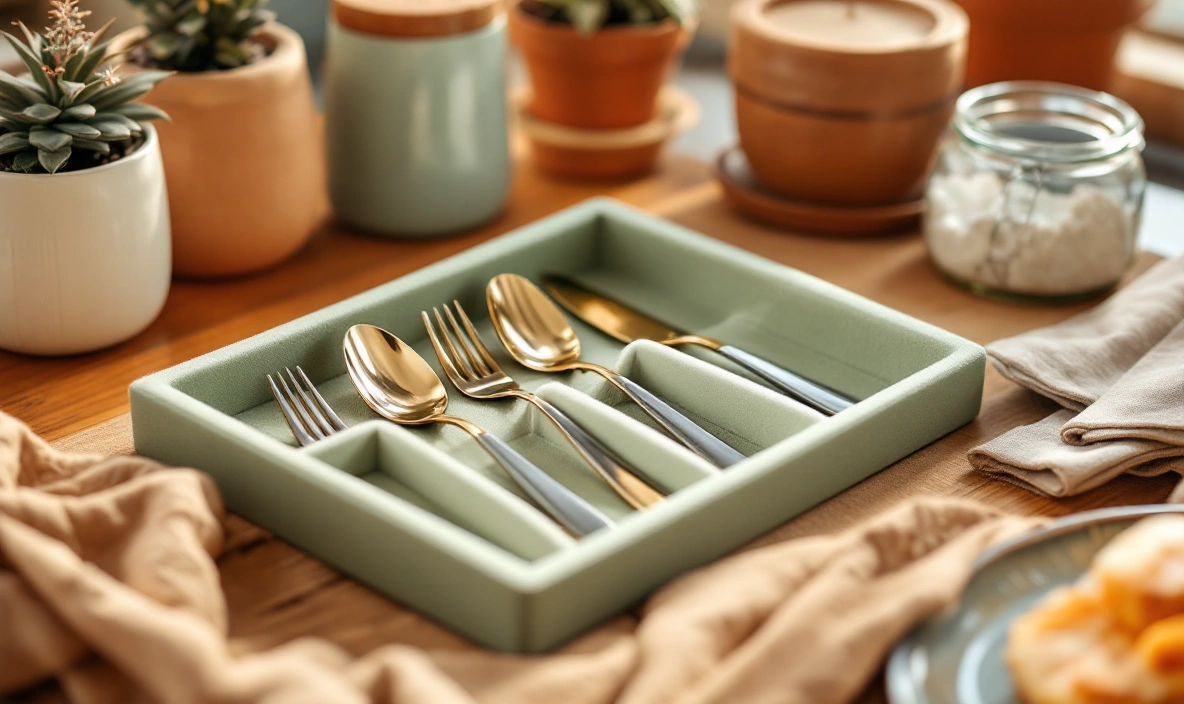 A flatware tray with felt-lined slots for a matching set