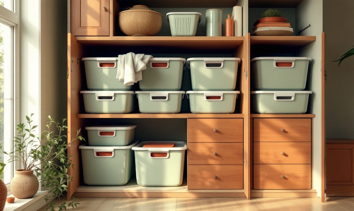 An open cabinet with neatly stacked bins