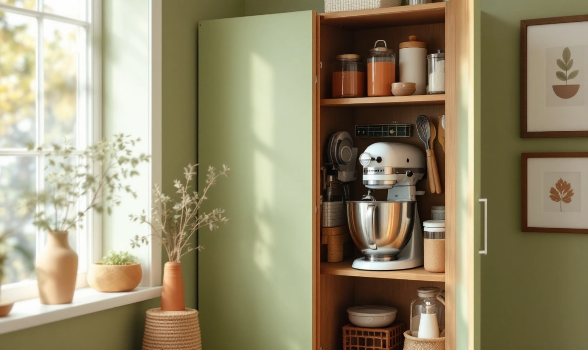 A tall cabinet shelf holding a stand mixer