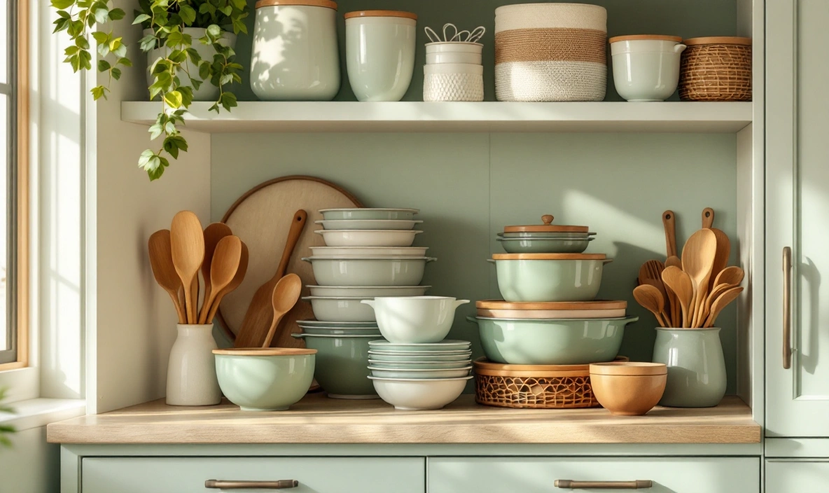 An open cabinet interior with stacked mixing bowls
