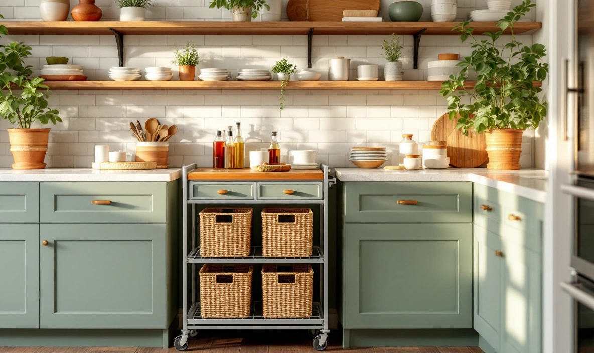A small countertop cart with open baskets