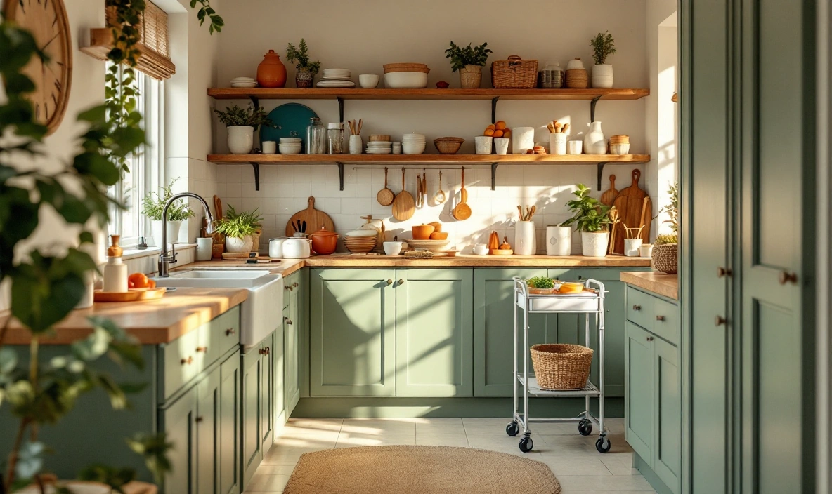 A narrow galley kitchen counter with a rolling cart