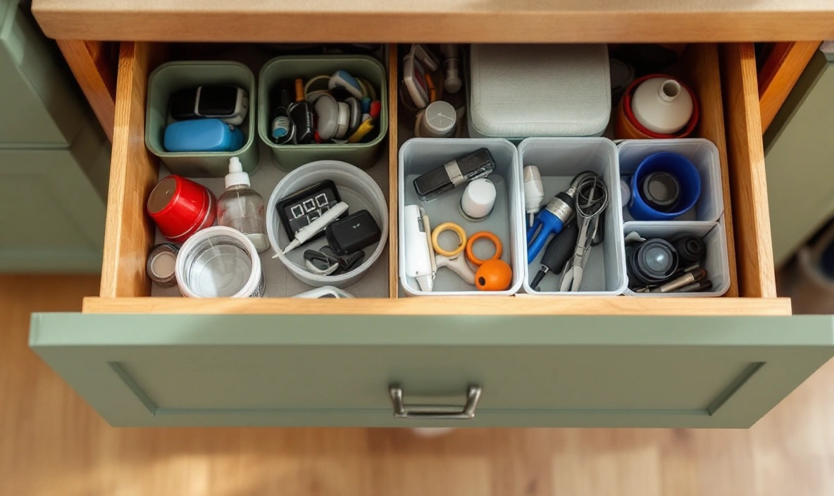An open junk drawer with gadgets sorted into small bins