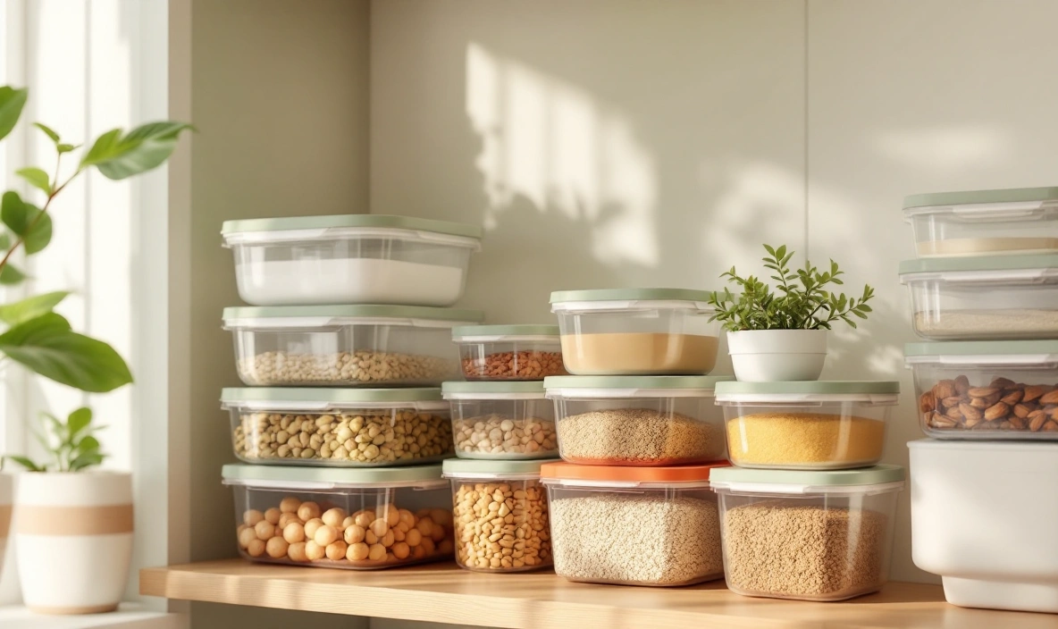Stacked clear food storage containers on a shelf