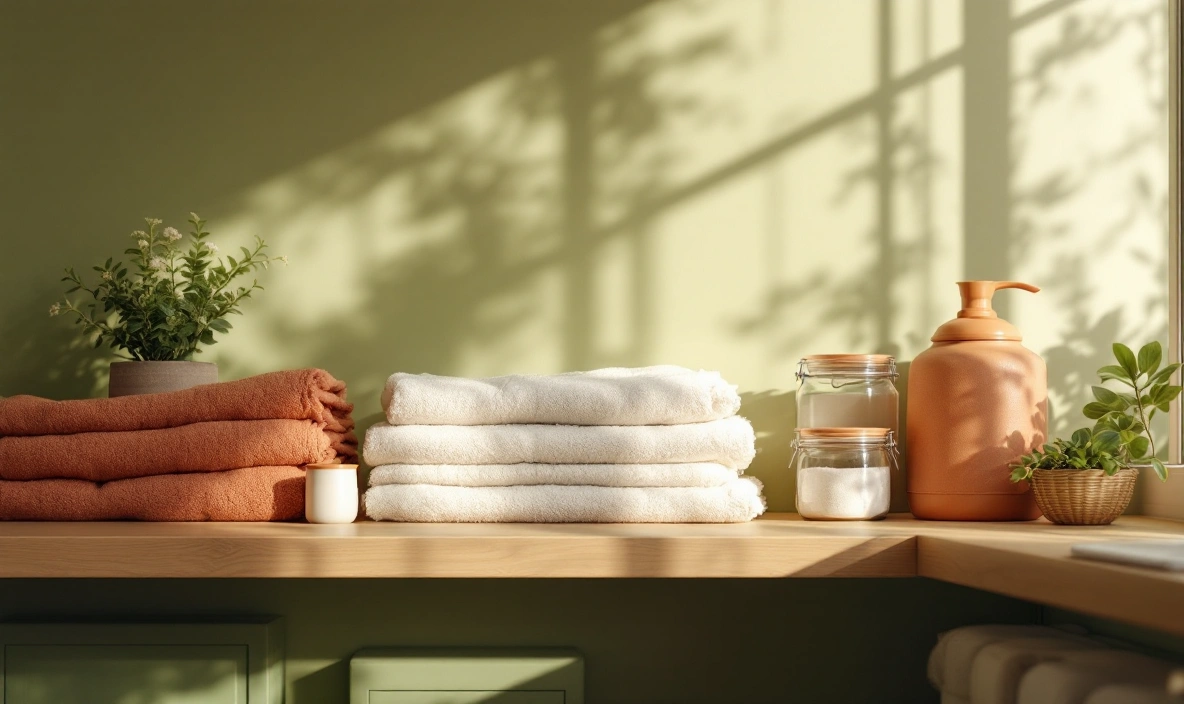 An open shelf with folded towels and jars