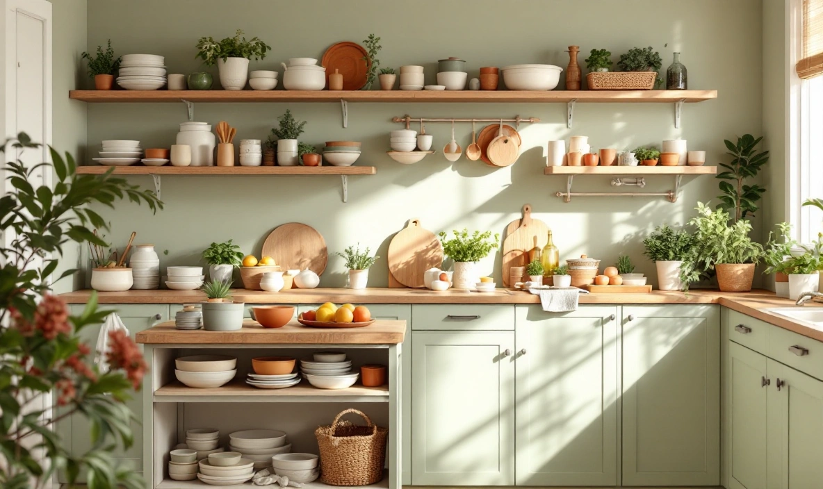 A small island with a shelf holding bowls