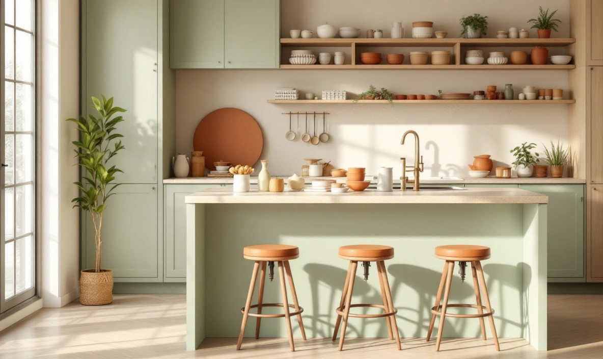 Stools tucked under an island with open shelves