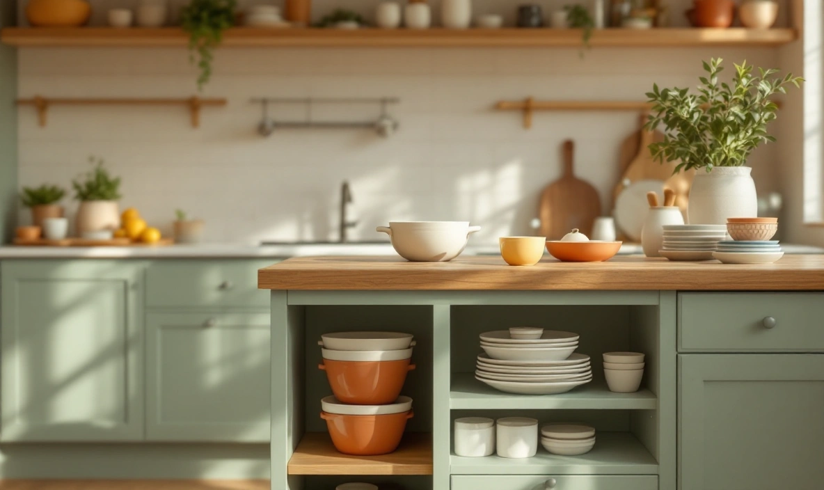 A kitchen island with an open shelf holding bowls