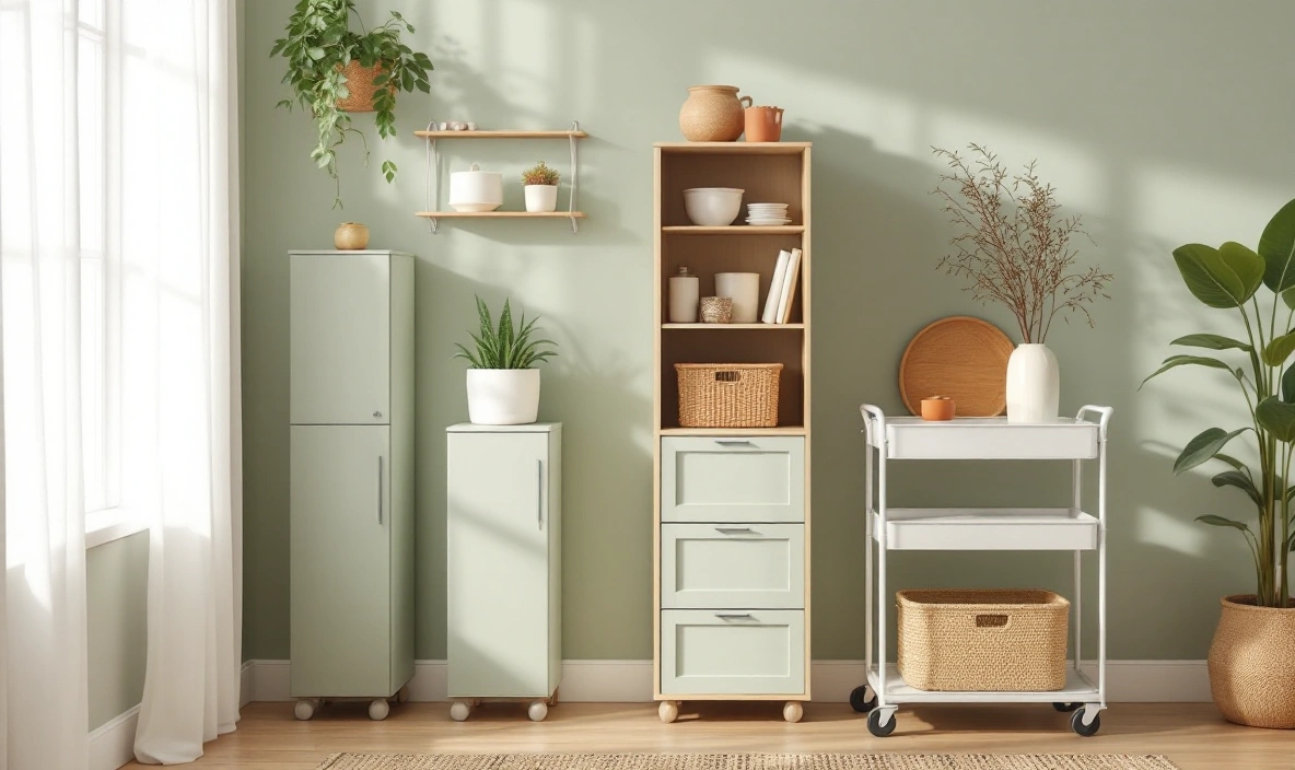 A row of freestanding storage cabinets and a rolling cart side by side