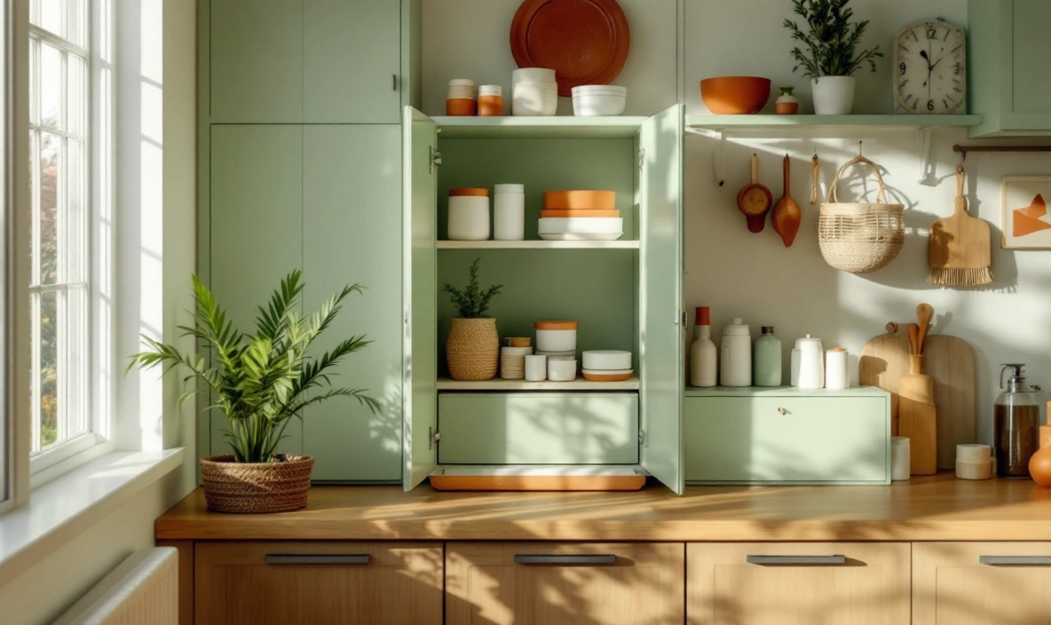 A cabinet with its door open showing adjustable shelves