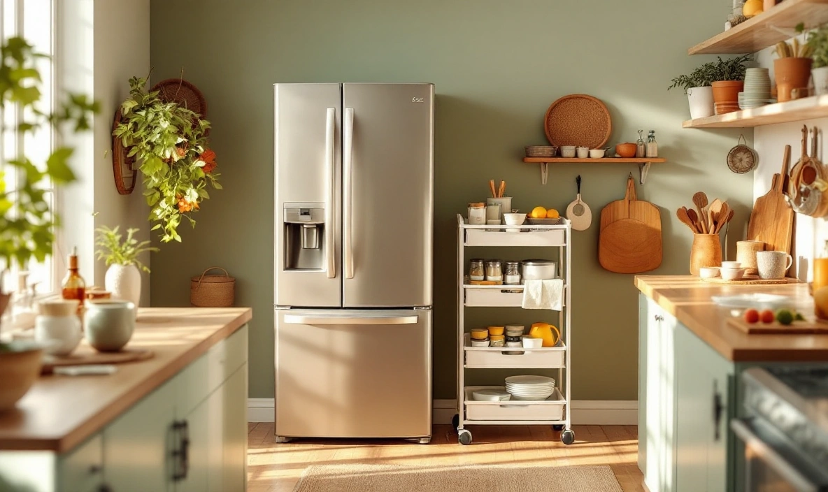 A slim rolling cart between the fridge and the wall