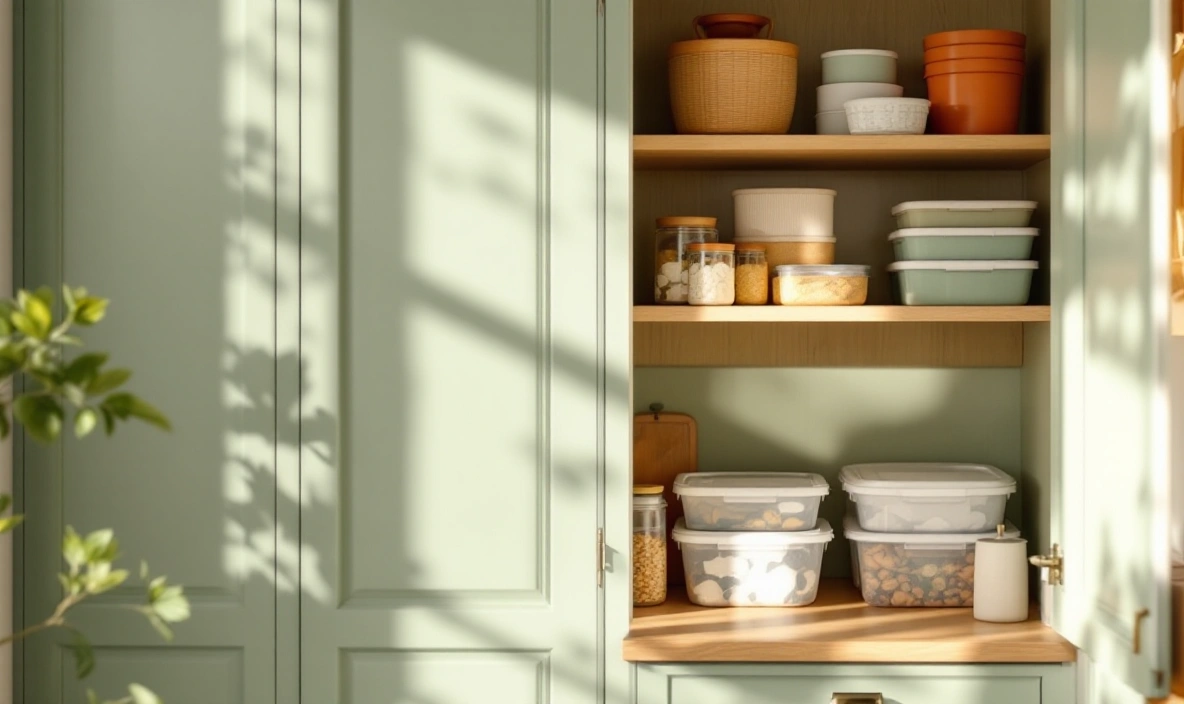 A pantry cabinet shelf with stacked storage bins
