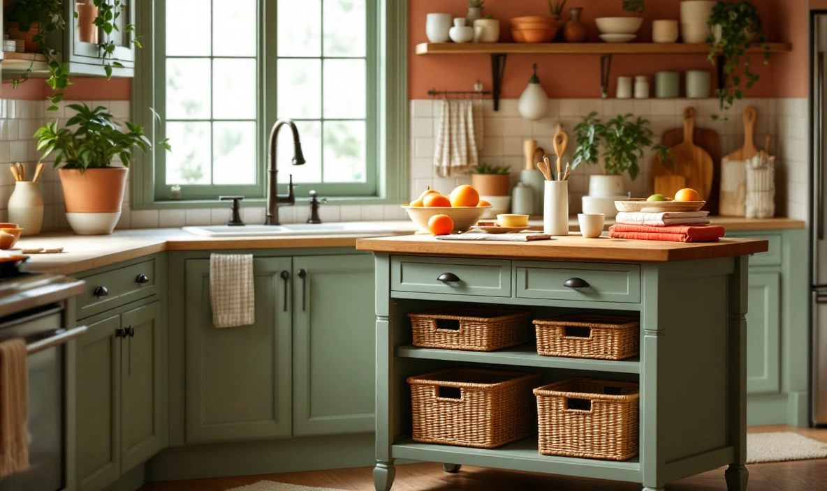 A small kitchen island with a lower shelf holding baskets