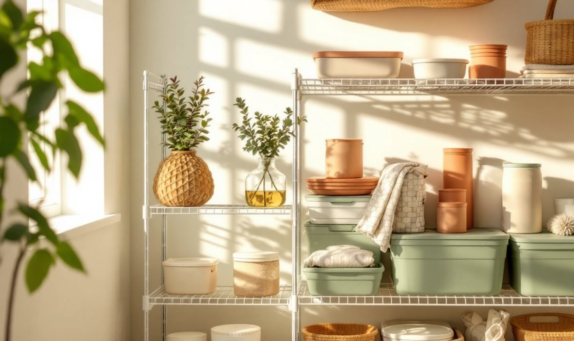 An open wire shelving rack holding stacked containers
