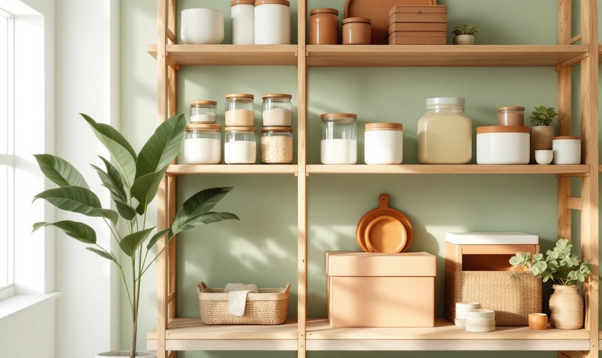 A wood shelving unit holding jars and boxes