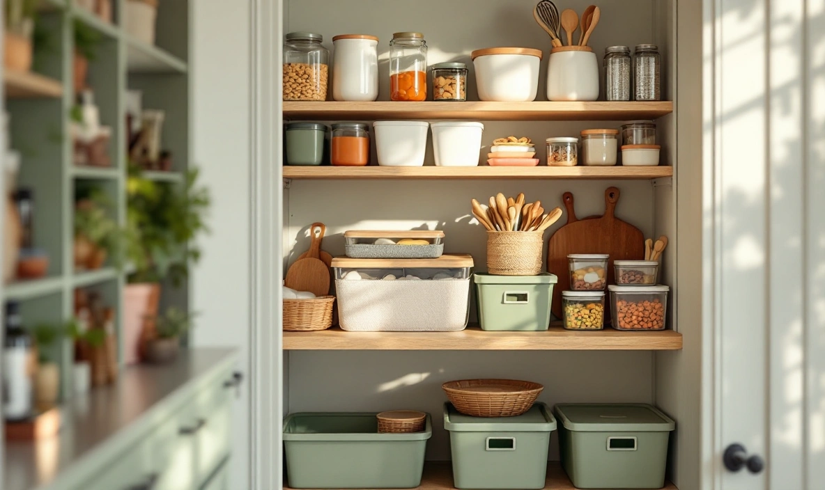 An open pantry shelf with a mix of bins and containers
