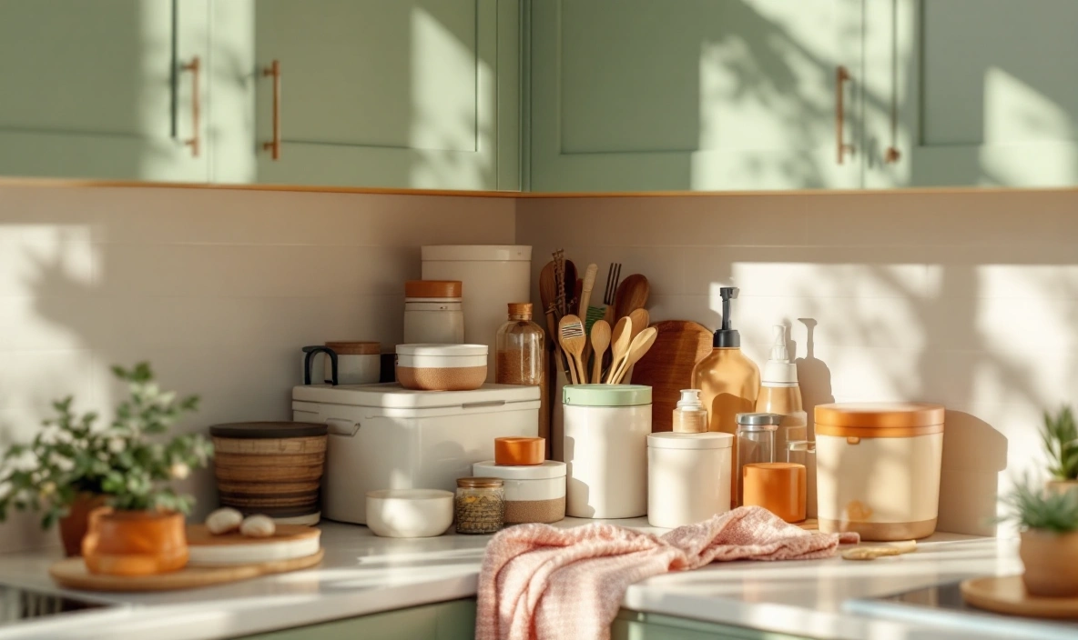 A kitchen counter corner with coordinated cabinet hardware