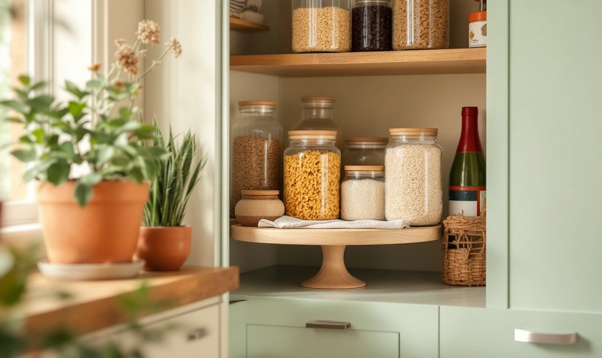 A round turntable inside a corner cabinet holding jars