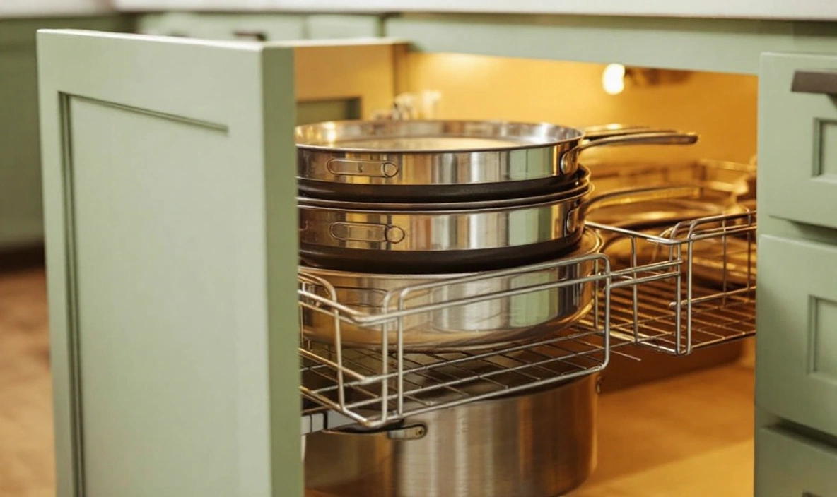 A pull-out wire shelf holding pans inside a kitchen cabinet