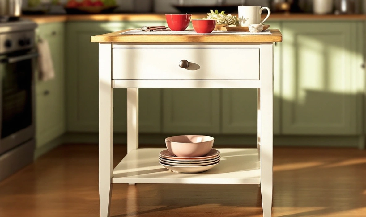 A compact kitchen island with storage underneath in a small kitchen