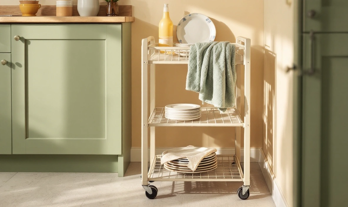 A small kitchen storage cart with folded towels and stacked plates