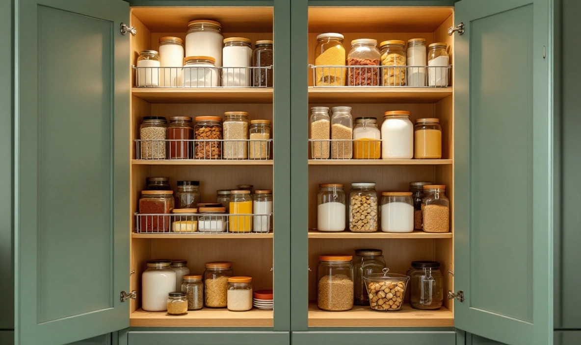A close crop of two pantry cabinet shelves filled with jars