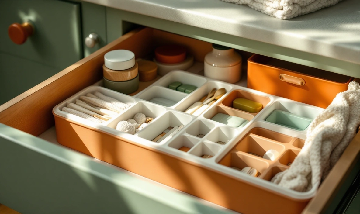 A plastic tray with adjustable dividers in a drawer
