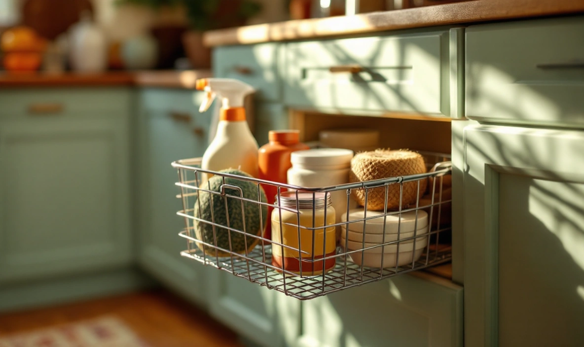 A sliding wire basket pulled out of a base cabinet