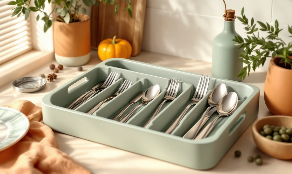 A silverware tray with individual slots for everyday flatware