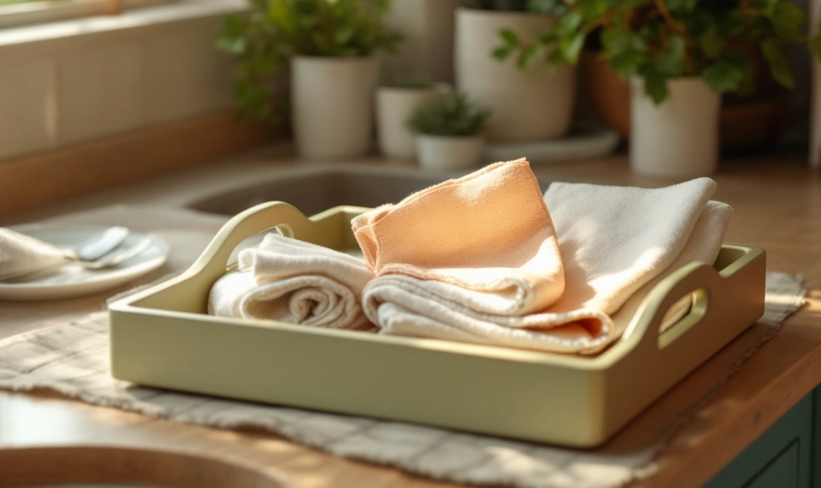 A small kitchen tray on a countertop holding folded napkins