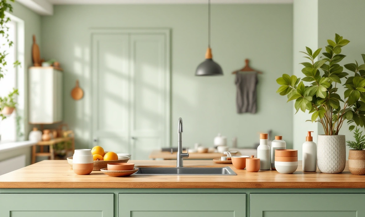 A kitchen counter opening onto a living area