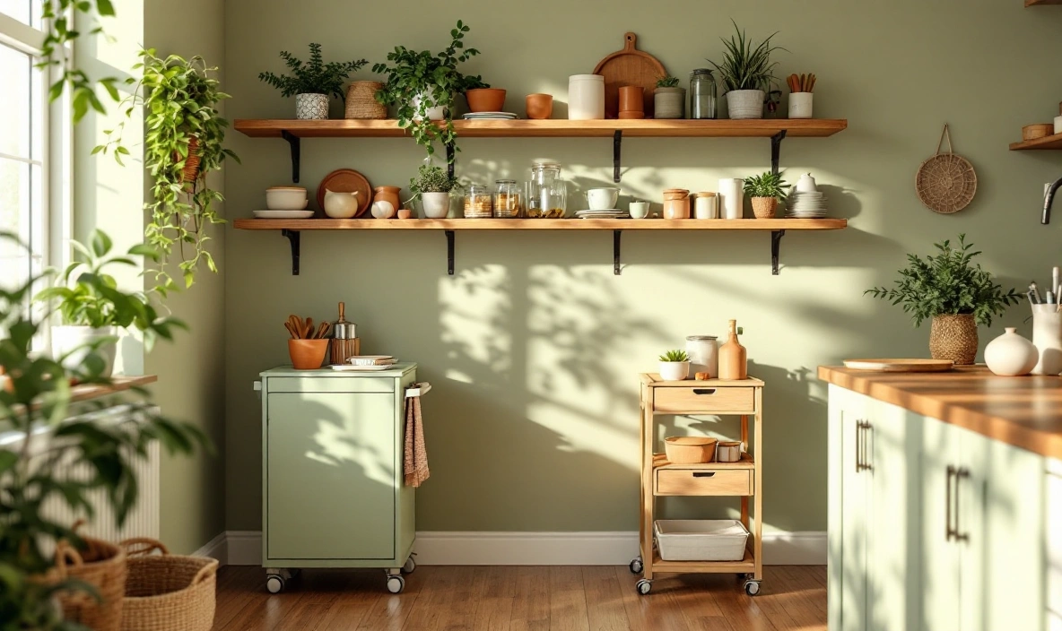 A small kitchen corner with a narrow rolling cart