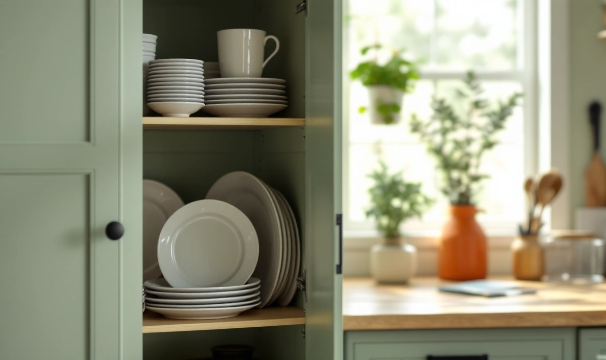 A cabinet with a stacking shelf holding stacked plates
