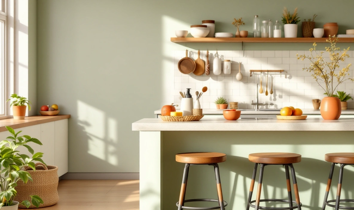 Stools tucked under a small kitchen island