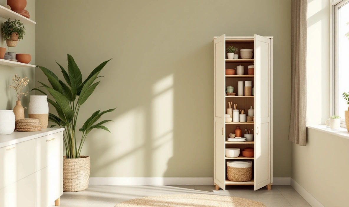 A narrow freestanding storage cabinet with open doors