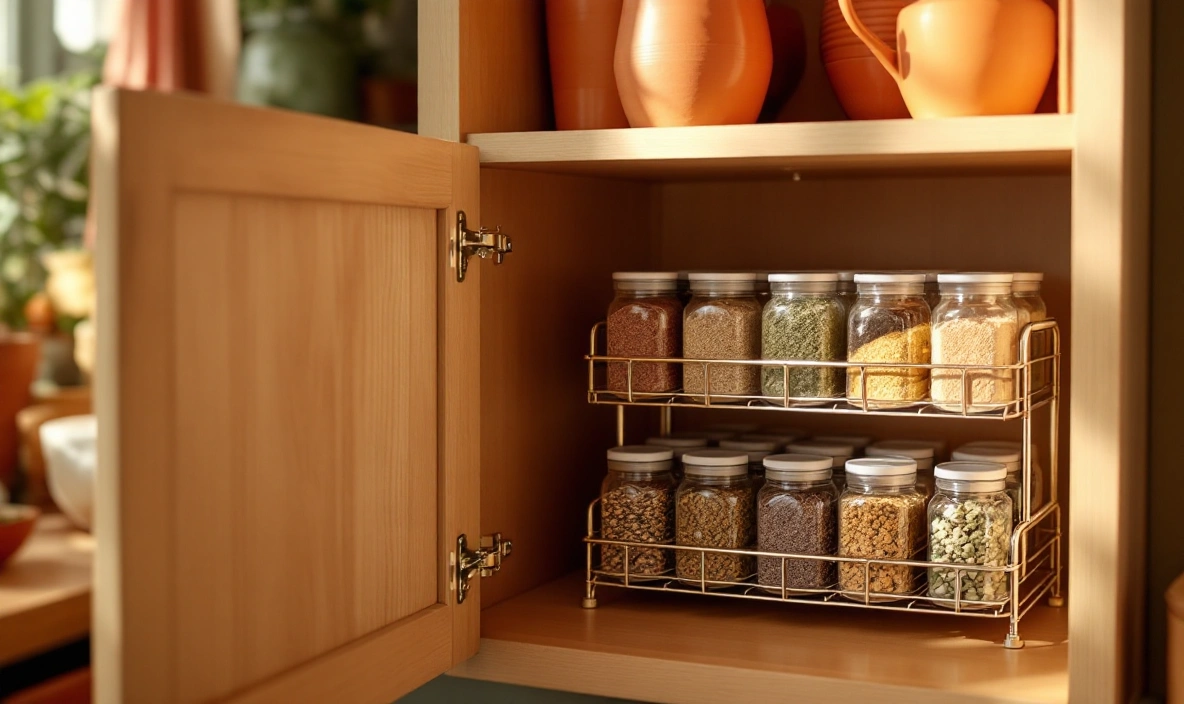 Tiered spice risers inside a cabinet door with unlabeled jars