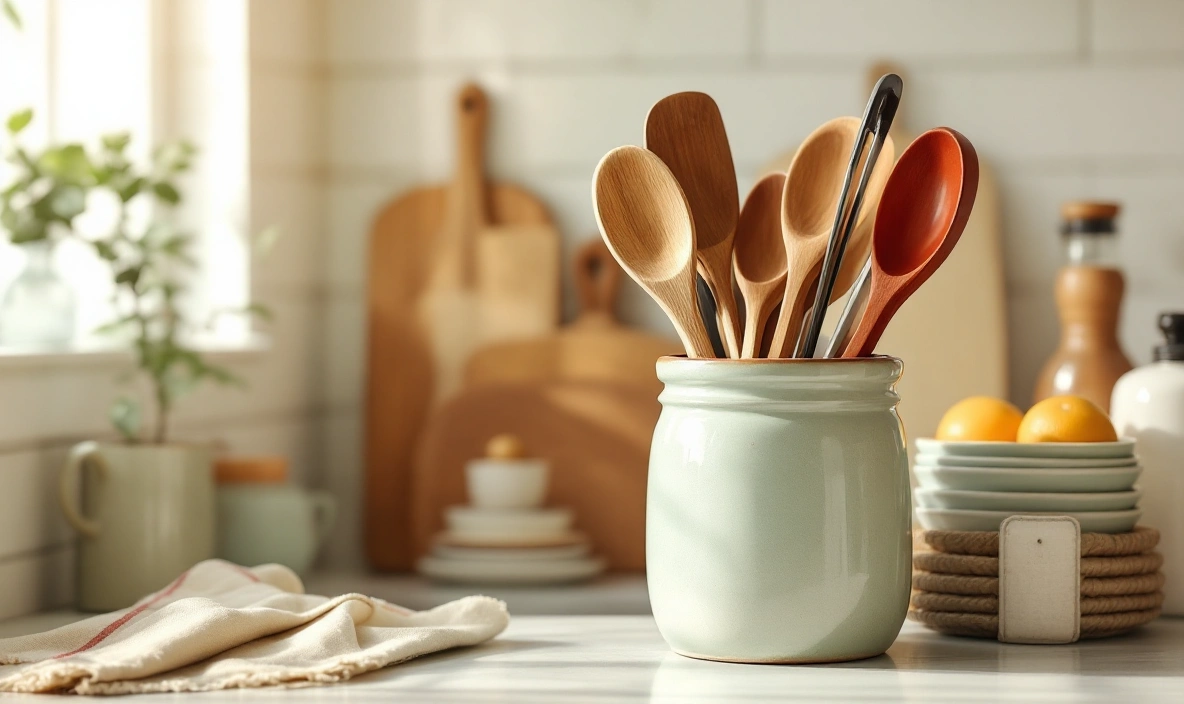 A ceramic crock on a kitchen counter holding wooden spoons and tongs