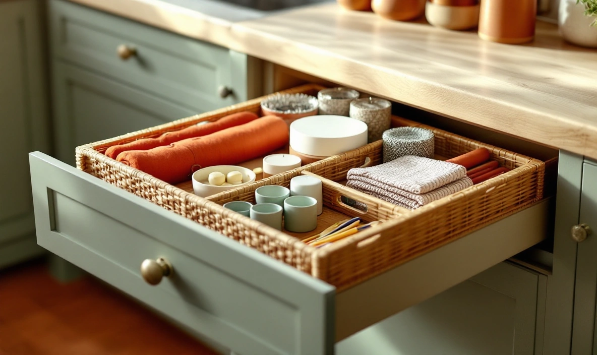 A bamboo expandable tray in a kitchen drawer